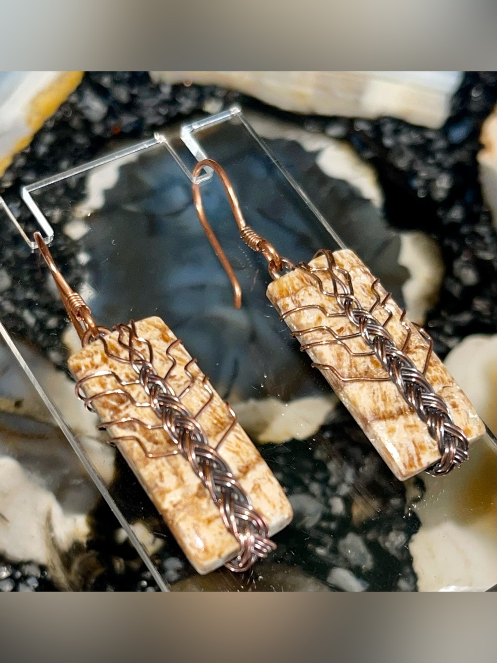 Copperwire-wrapped Brown Sputnik Aragonite Stone Earrings 1 7/8”